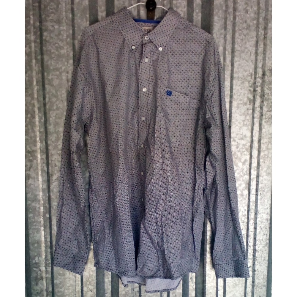 Cinch Western Shirt Mens L Blue Logo All Over Geometric Print Cotton Cowboy